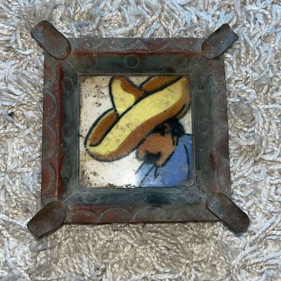 VINTAGE CIASA BRASS COPPER ASHTRAY WITH TILE CENTER - Picture 1 of 11